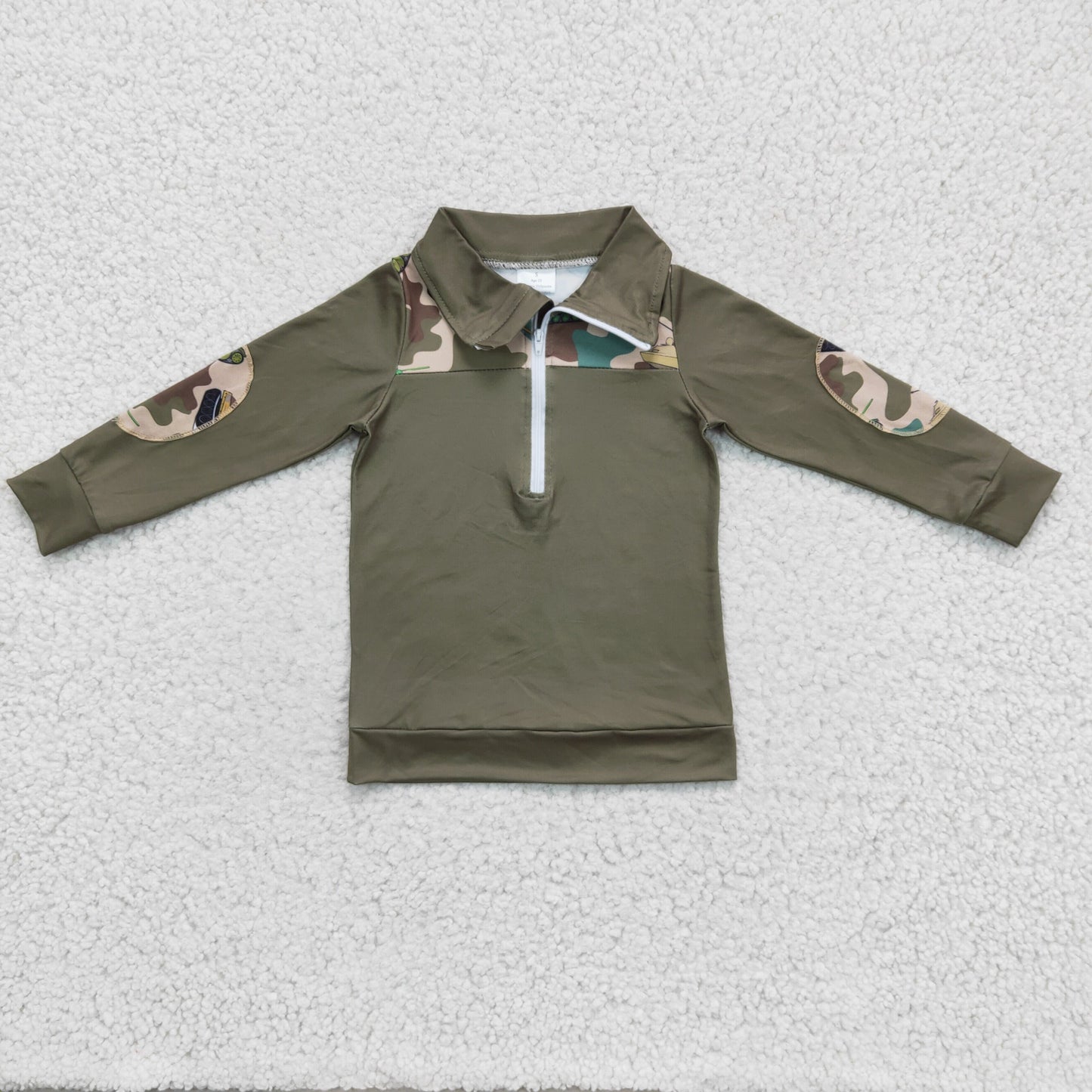 Promotion Baby Boy Kids Long Sleeves Camo Pullover Zipper Green Shirt