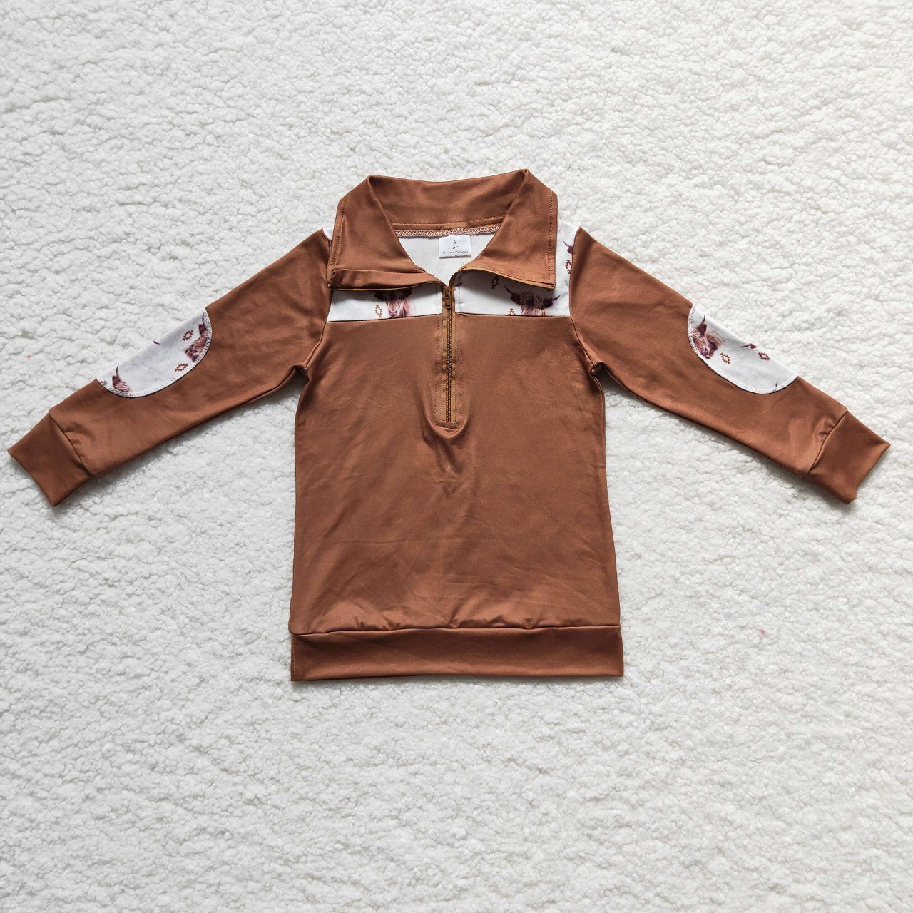 Promotion Baby Boy Brown Long Sleeves Western Cow Zipper Shirt