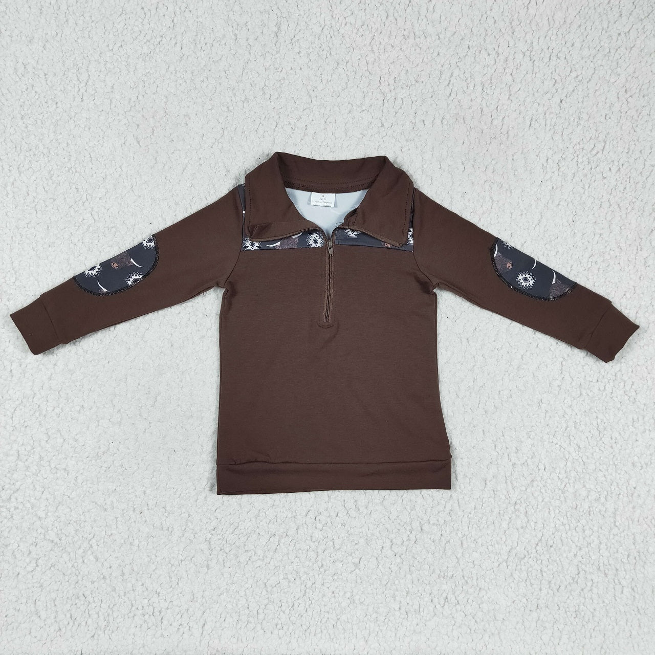 Promotion Kids Baby Boy Western Cow Brown Pullover Zipper Cotton Tops