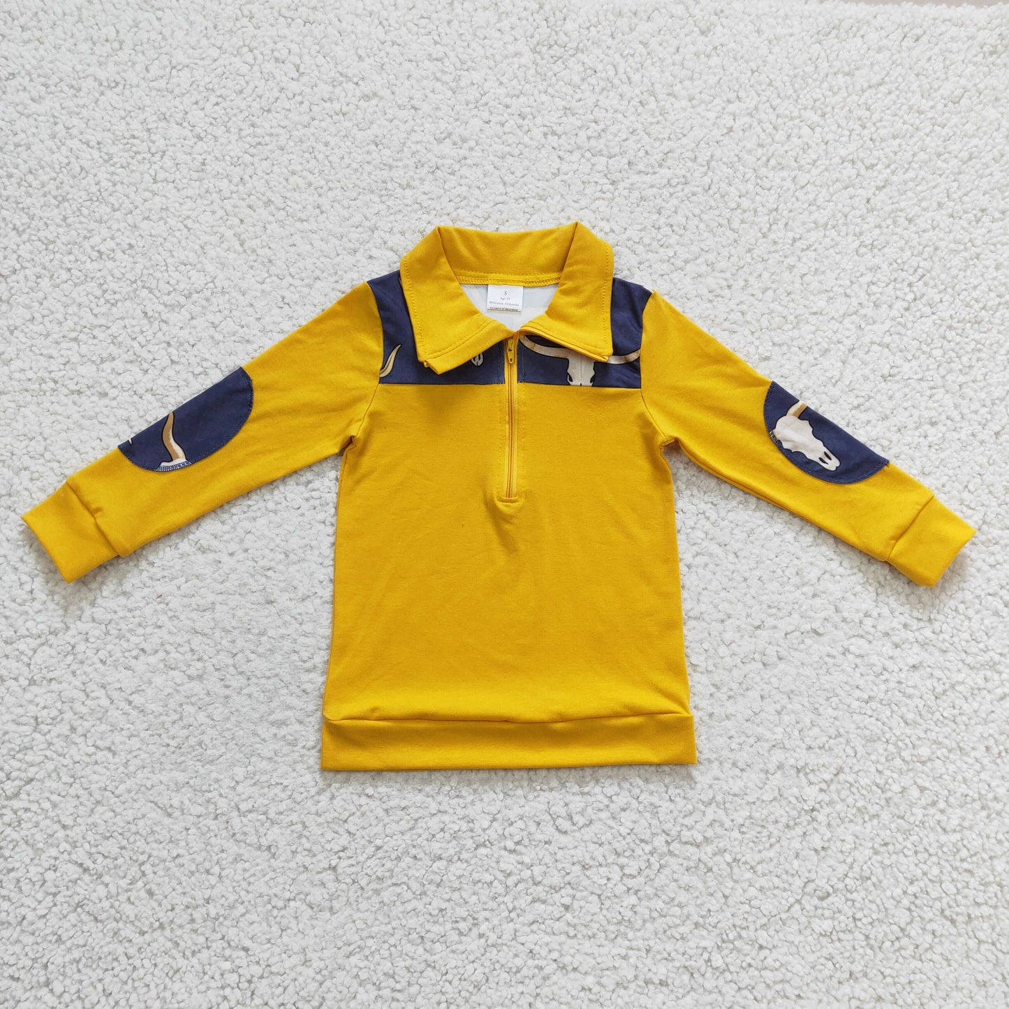 Promotion Baby Boy Yellow Long Sleeves Western Cow Zipper Pullovers Cotton Shirt