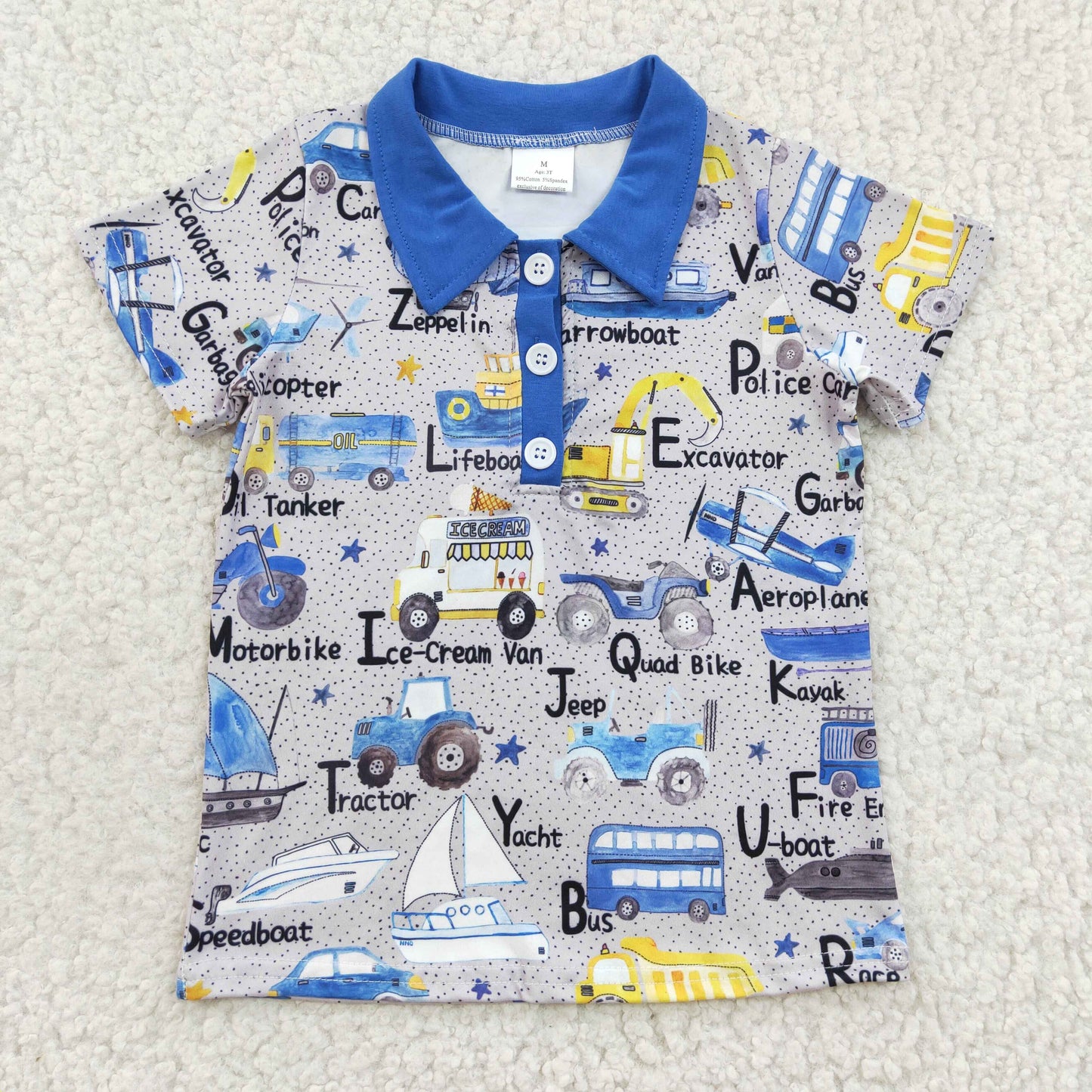 Promotion Baby Boys Short Sleeves Trucks Buttons Blue Shirt RTS