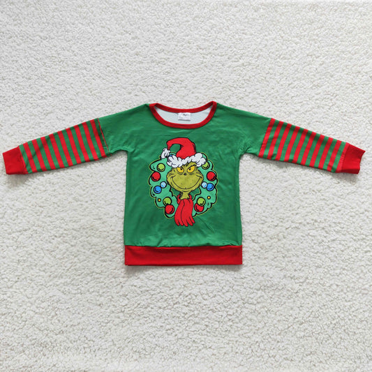 Promotion Baby Boys Stripes Long Sleeves Green Face Christmas Shirt RTS