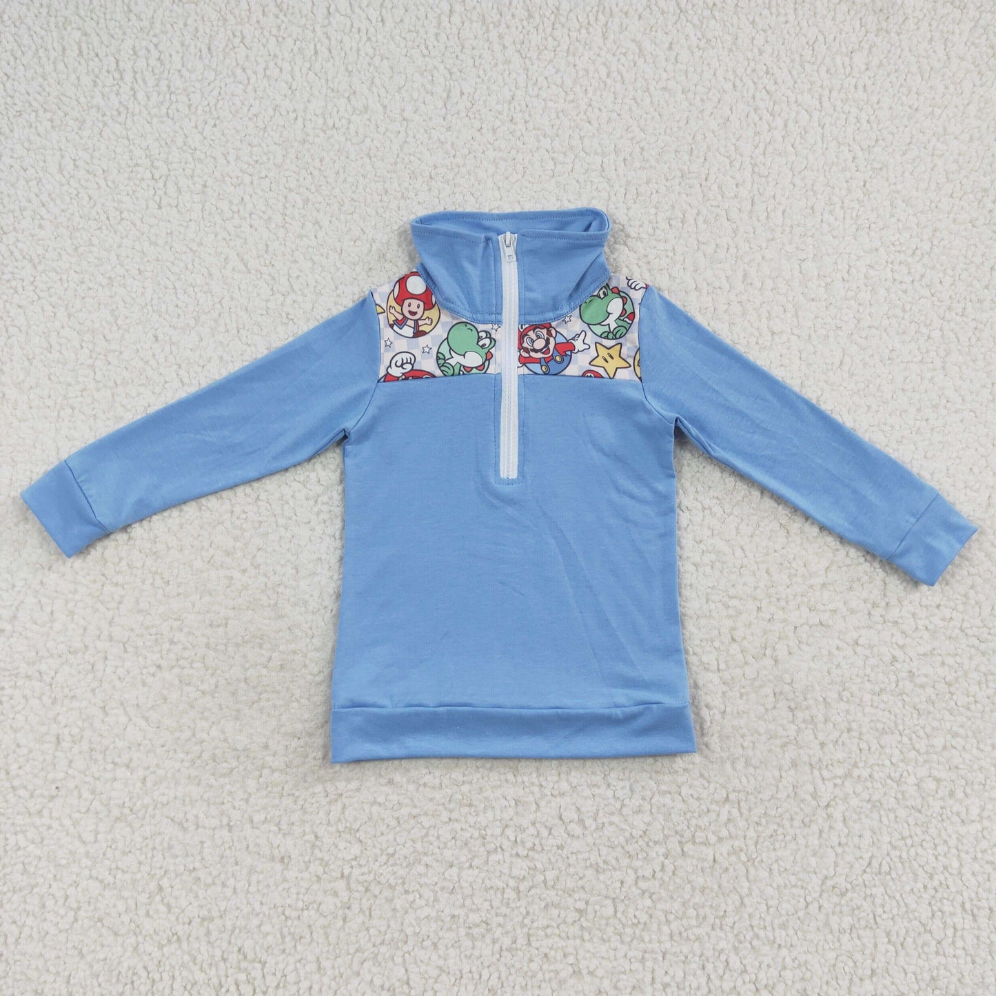 Promotion Baby Boy Long Sleeves Game Cartoon Pullover Zipper Blue Shirt