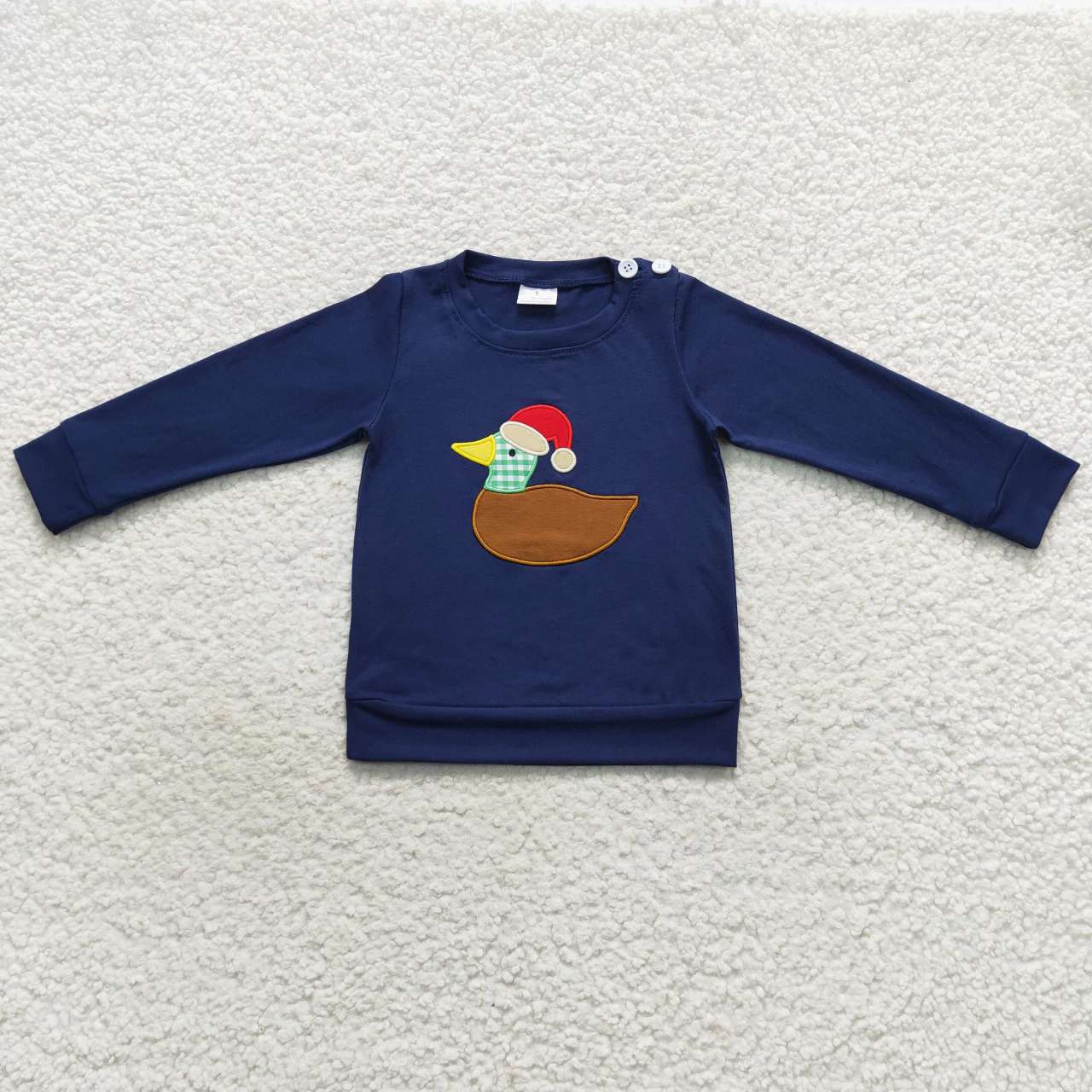 Sibling Boys Girls Long Sleeves Embroidery Ducks Christmas Navy Shirt Tops