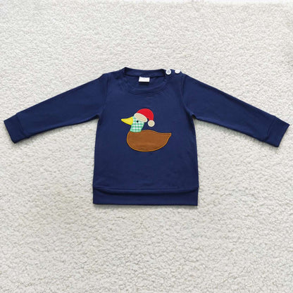 Sibling Boys Girls Long Sleeves Embroidery Ducks Christmas Navy Shirt Tops