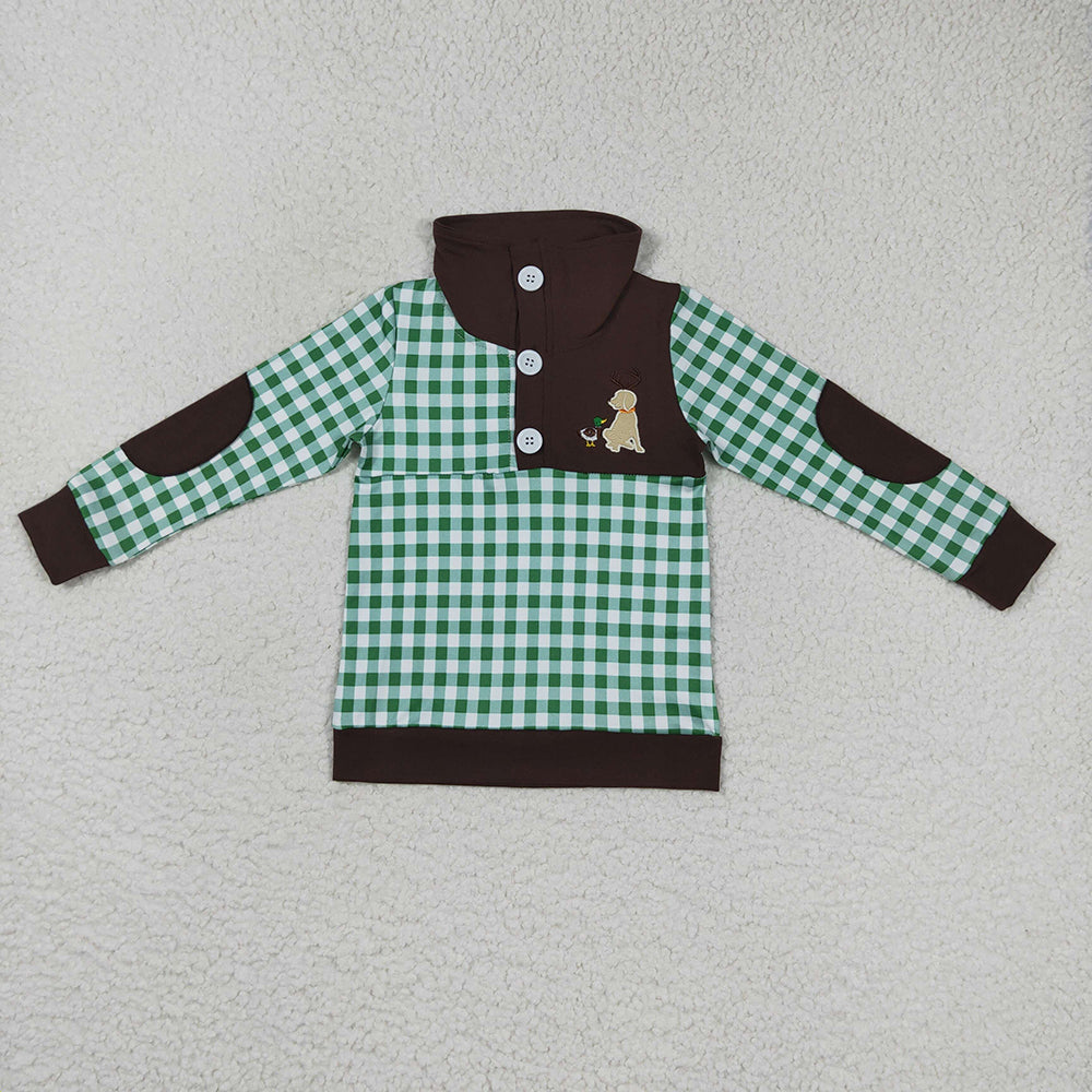 Baby Boys Girl Long Sleeves Embroidery Dog Duck Sibling Hunting Green Checkered Pullover Shirt Tops