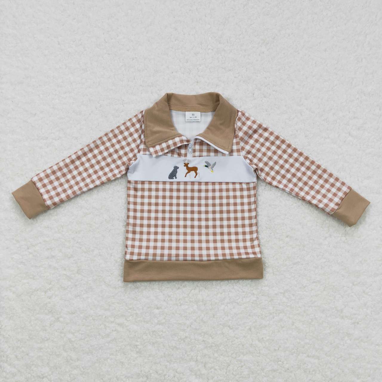Sibling Boys Girls Long Sleeves Embroidery Dogs Ducks Deer Plaid Zipper Pullovers Tops