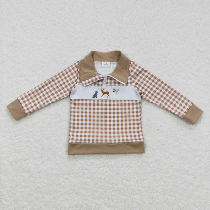 Sibling Boys Girls Long Sleeves Embroidery Dogs Ducks Deer Plaid Zipper Pullovers Tops