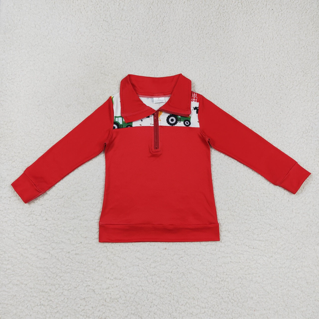 Promotion Baby Boy Red Long Sleeves Farm Zipper Pullover Shirt