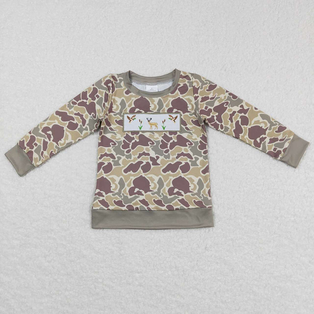 Sibling Boys Kids Long Sleeves Embroidery Dogs Ducks Deer Hunting Shirt Tops RTS