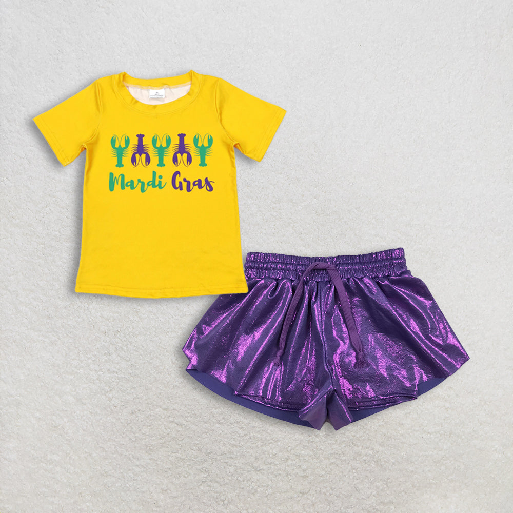 Baby Girls Short Sleeves Crayfish Yellow Shirt Purple Leather Ruffle Shorts Mardi Gras Set RTS