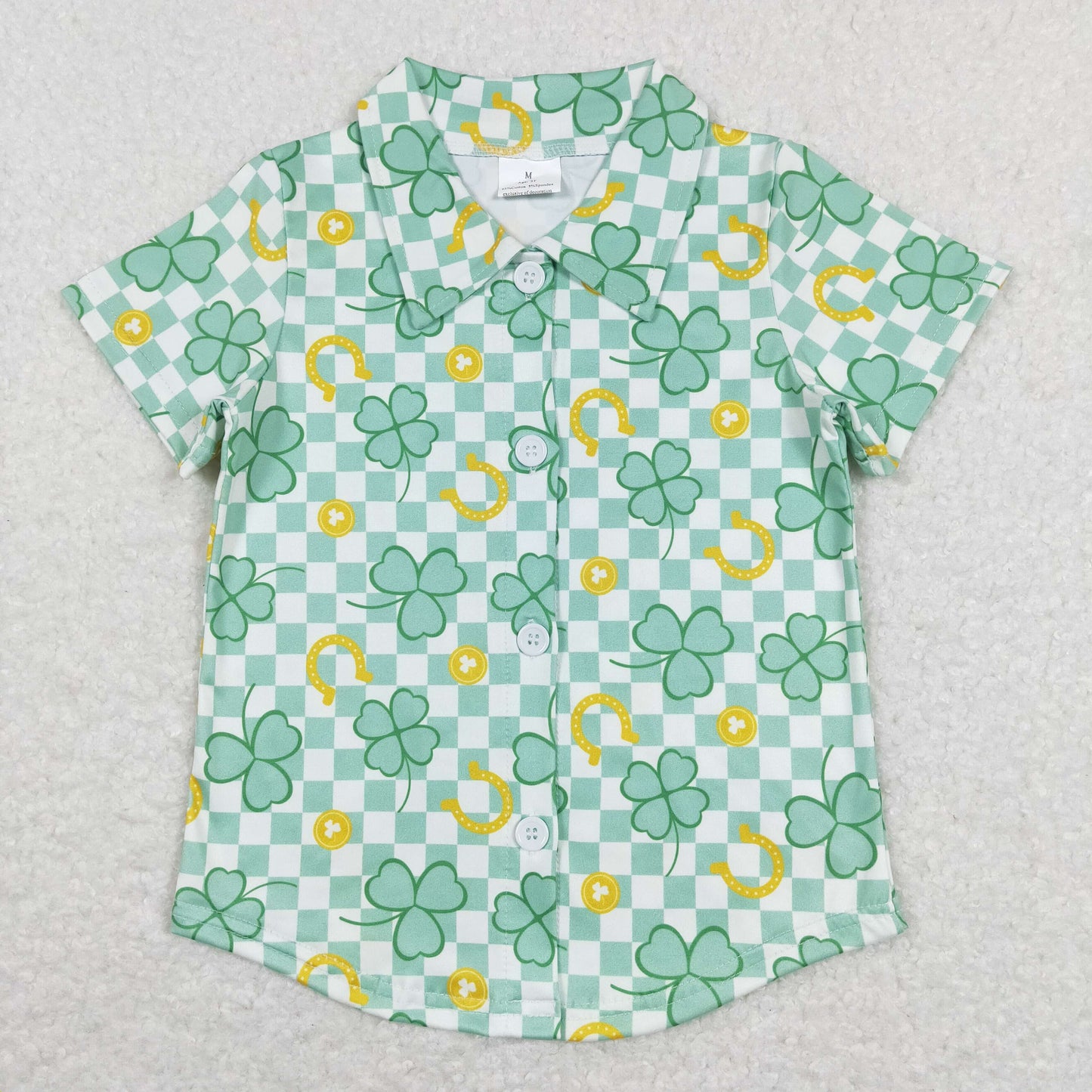 Sibling Baby Boys Short Sleeves St Patrick Buttons Green Clovers Plaid Shirts Tops RTS