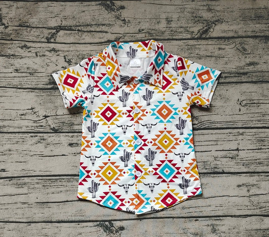 Pre-order Baby Boy Short Sleeves Button Up Aztec Cow Cactus Shirt Western Tops