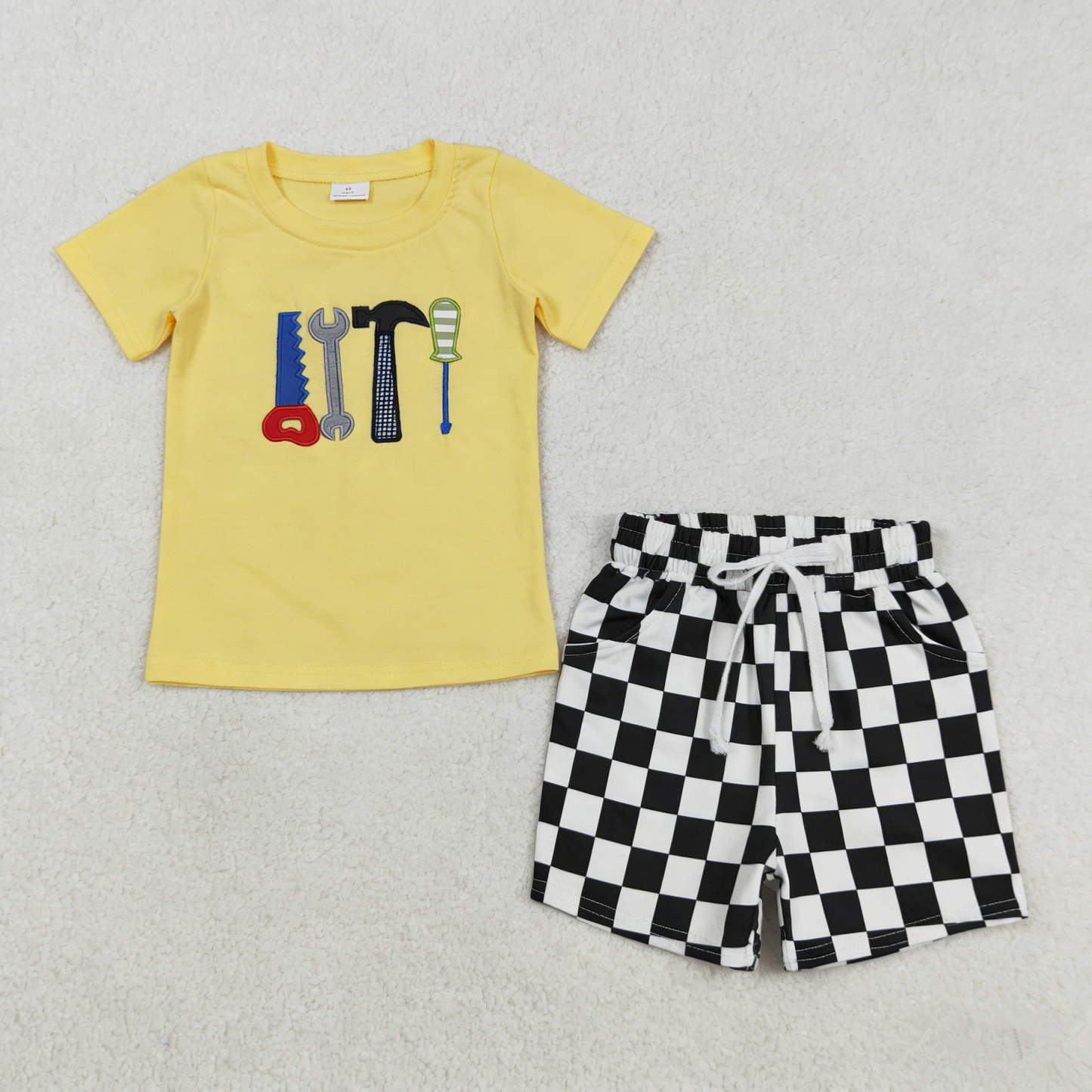 Baby Boys Navy Short Sleeves Embroidery Tools Shirt Checked Pockets Shorts Summer Clothes Set RTS