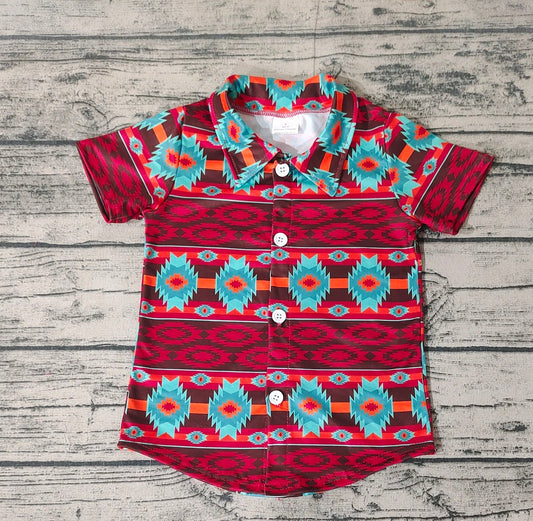 No moq Pre-order Baby Boy Short Sleeves Western Aztec Button Up Shirt