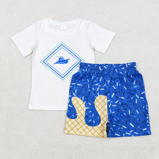 Baby Boys Kids Boat Shirt Blue Drips Sprinkles Shorts Summer Clothes Set RTS