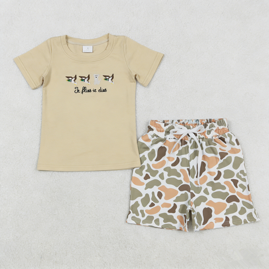 Baby Boys Kids Embroidery Dogs Ducks Shirt Pockets Orange Green Camo Shorts Clothes Set