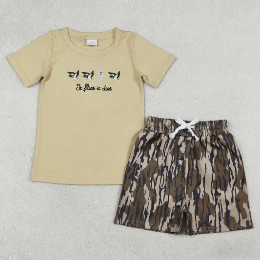 Baby Boys Kids Embroidery Ducks Dogs Shirt Pockets Olive Camo Shorts Clothes Set