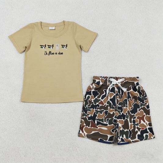 Baby Boys Kids Embroidery Ducks Dogs Shirt Pockets Brown Green Camo Shorts Clothes Set
