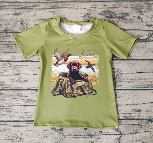 No Moq Pre-order Baby Boy Green Short Sleeves Dog Duck Hunting Shirt Tops