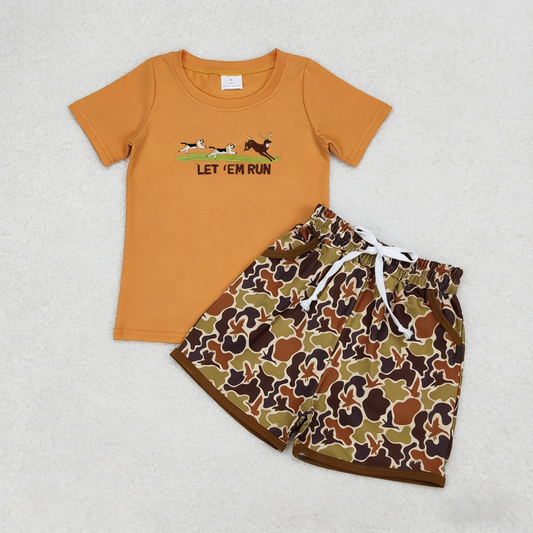 Baby Boys Blue Short Sleeves Embroidery Dogs Deer Shirt Ducks Camo Pockets Shorts Hunting Set RTS