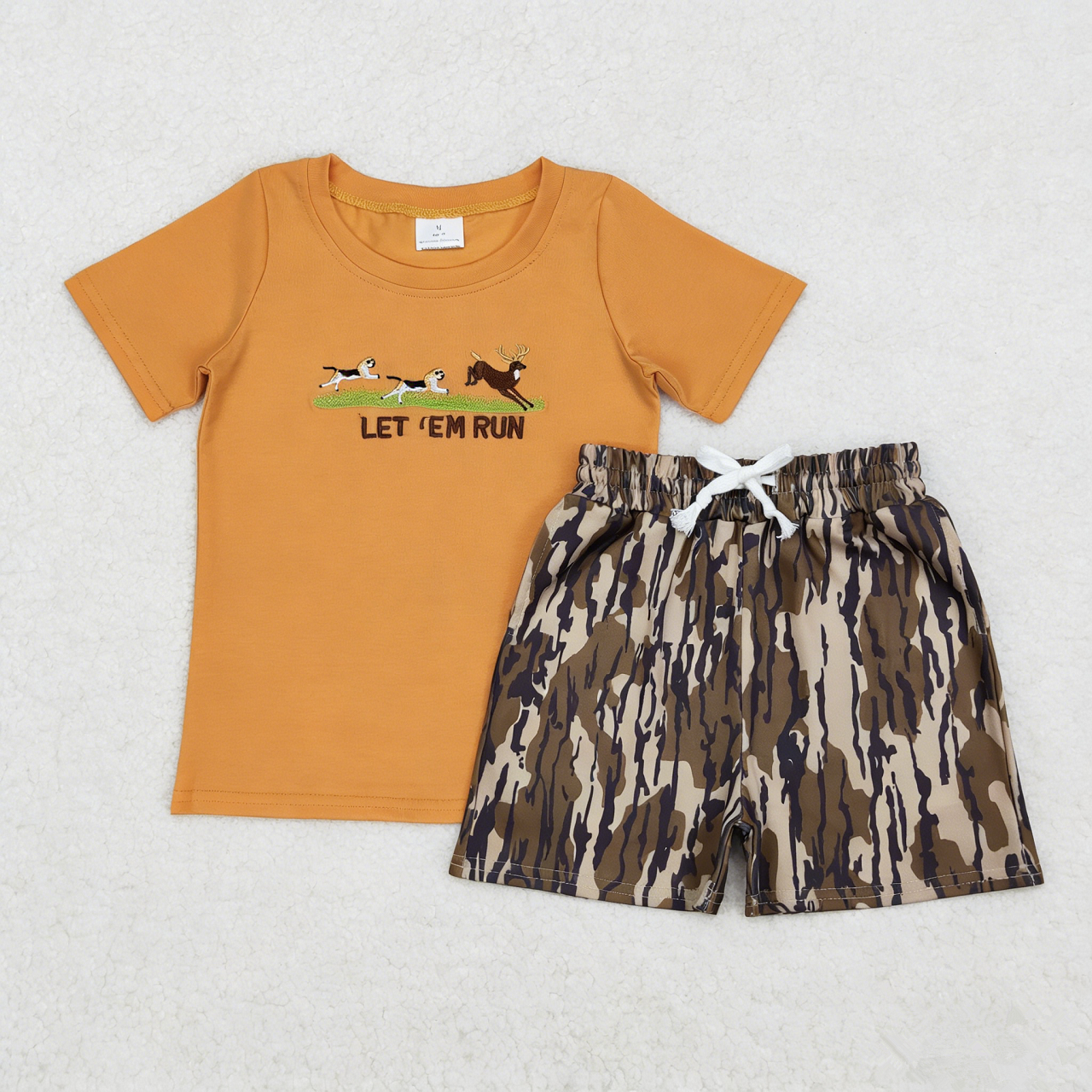 Baby Boys Blue Short Sleeves Embroidery Dogs Deer Shirt Camo Pockets Shorts Hunting Set RTS