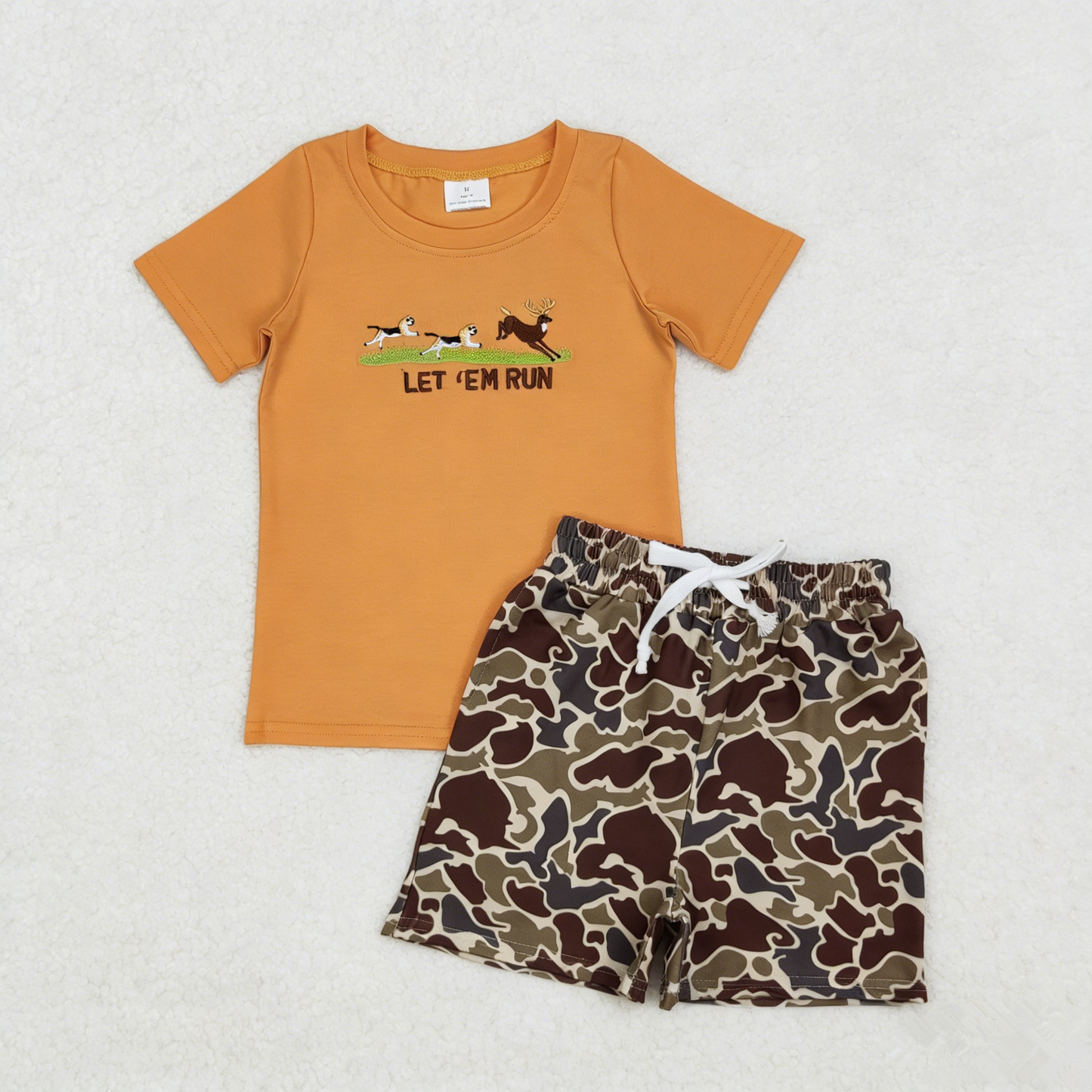 Baby Boys Blue Short Sleeves Embroidery Dogs Deer Shirt Camo Pockets Shorts Set RTS