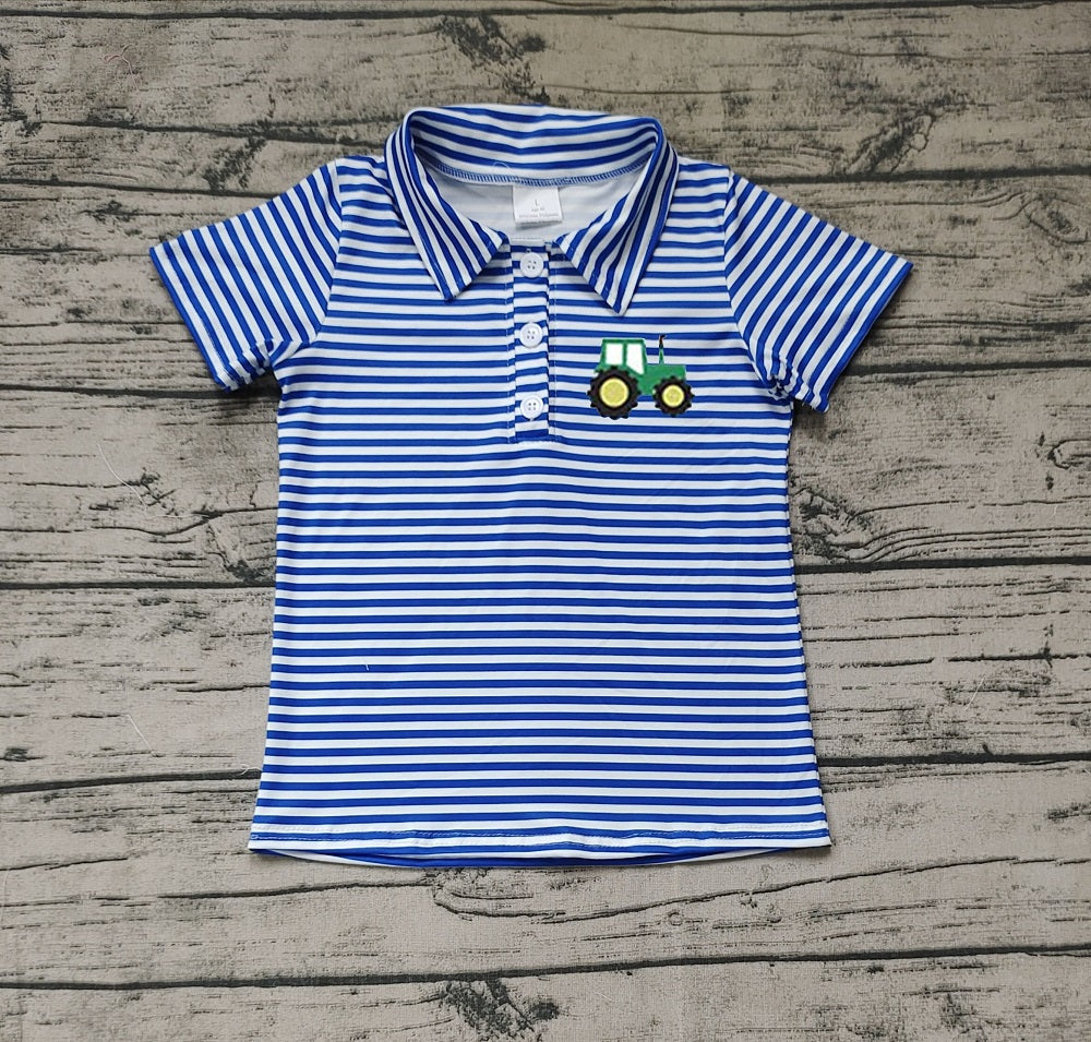 Baby Boy Blue Stripes Short Sleeves Embroidery Tractor Shirt Tops