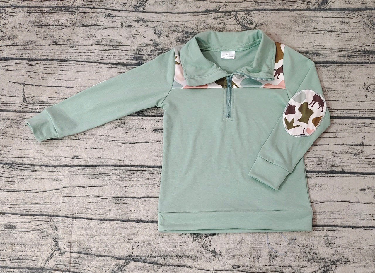 Baby Boy Long Sleeves Camo Dog Ducks Zipper Green Pullover Tops