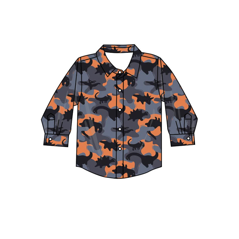 Pre-order Baby Boy Orange Grey Dinosaurs Camo Buttons Shirt Tops