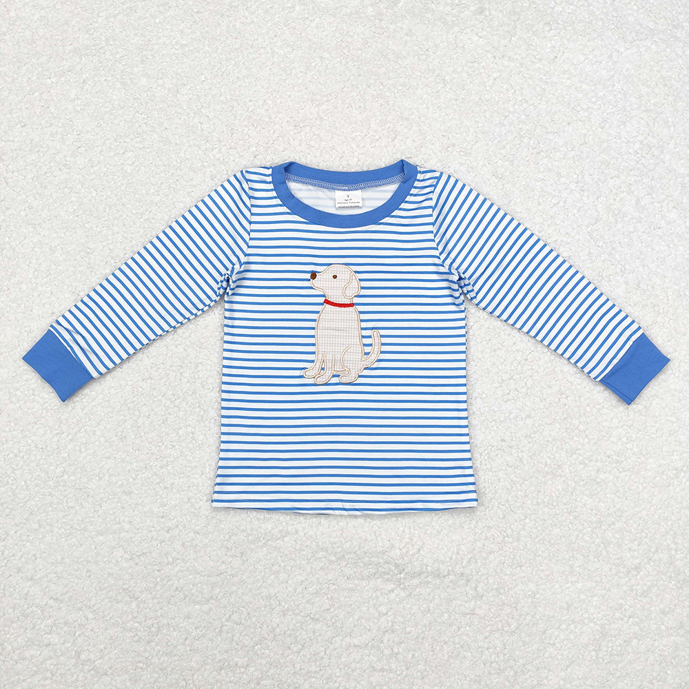 Baby Boy Girl Blue Stripes Embroidery Dog Sibling Dress Romper