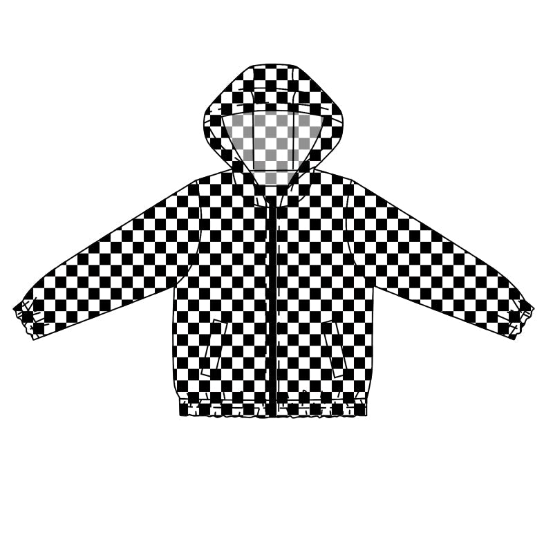 Pre-order Baby Boy Black Checkered Hooded Zipper Pocket Jacket Cardigan Tops