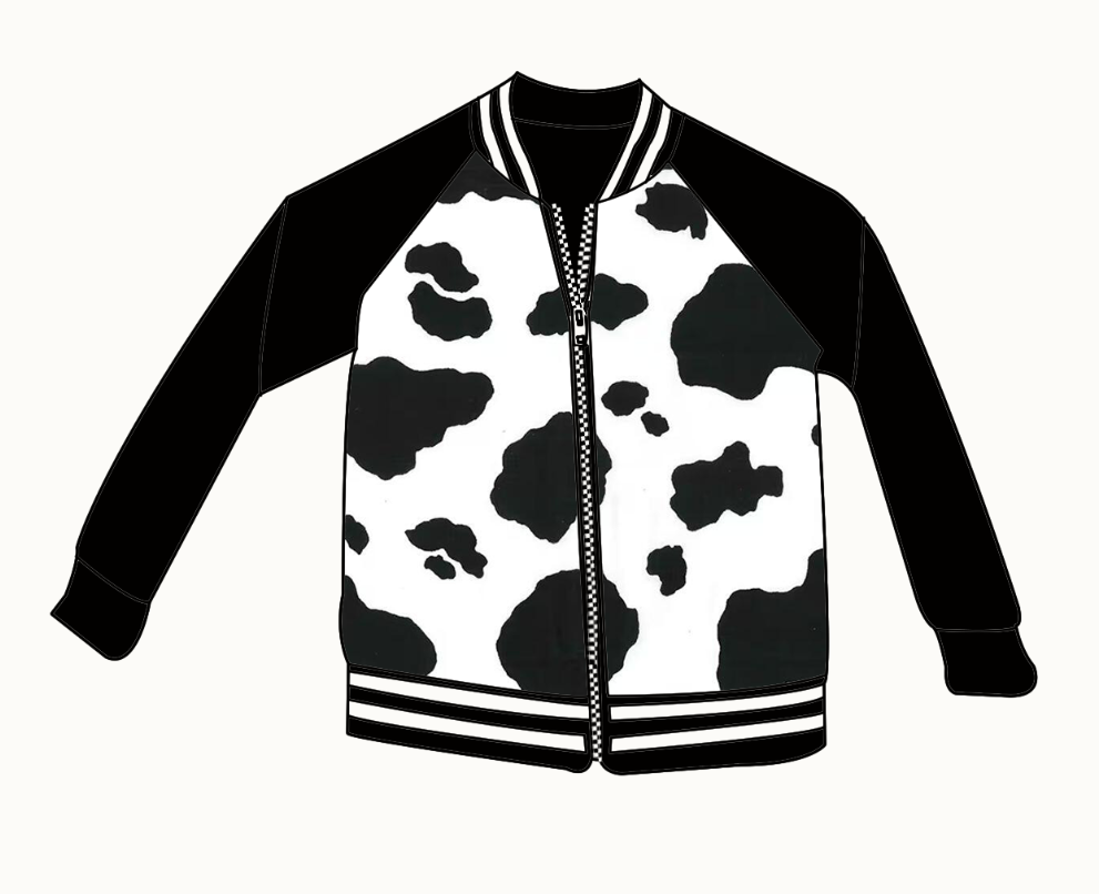 Pre-order Baby Kids Cow Print Black Zipper Jacket Cardigan Tops