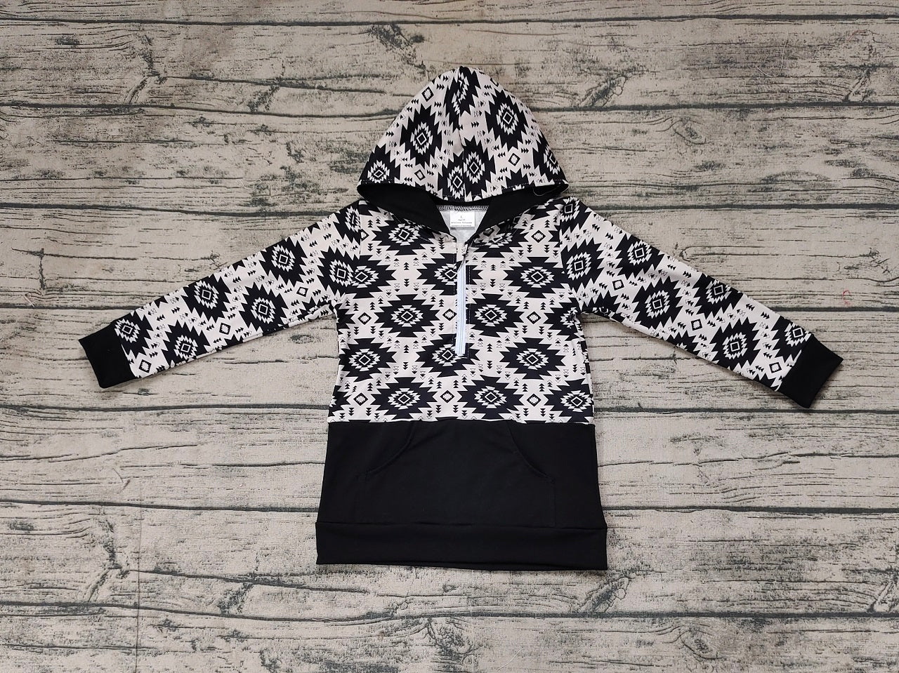 Baby Boy Long Sleeves Western Aztec Hoodie Black Pocket Pullover Tops