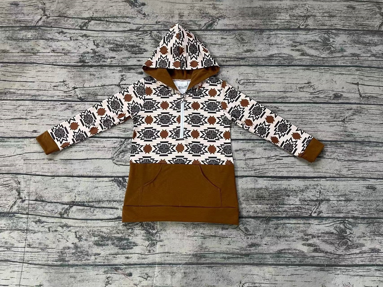 Baby Boy Kids Long Sleeves Western Aztec Hoodie Brown Pocket Pullover Tops