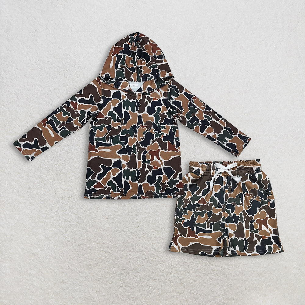 Baby Boys Kids Long Sleeves Brown Green Camo Hoodie Shirt Pockets Shorts Clothes Set RTS