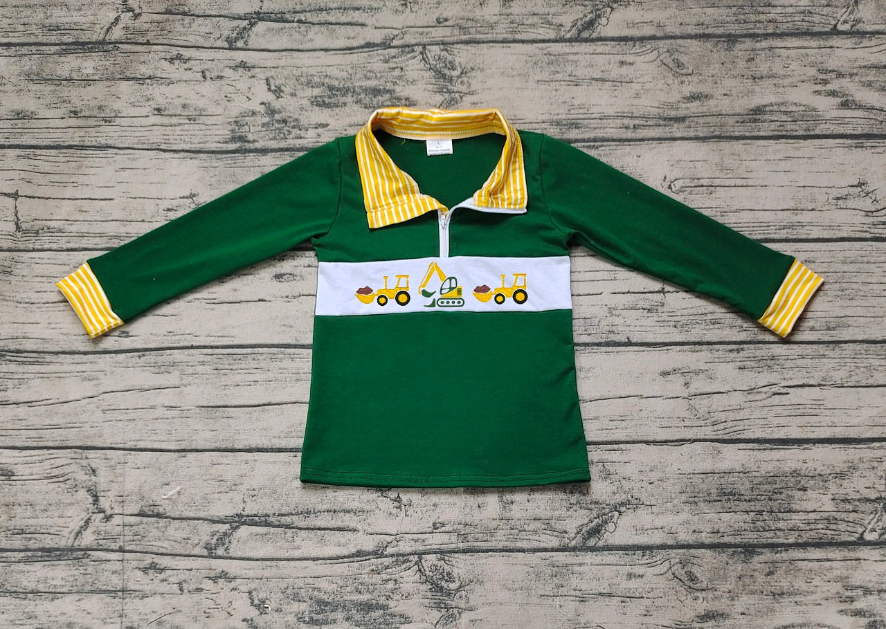 Baby Boy Long Sleeves Embroidery Construction Zipper Green Pullover Shirt