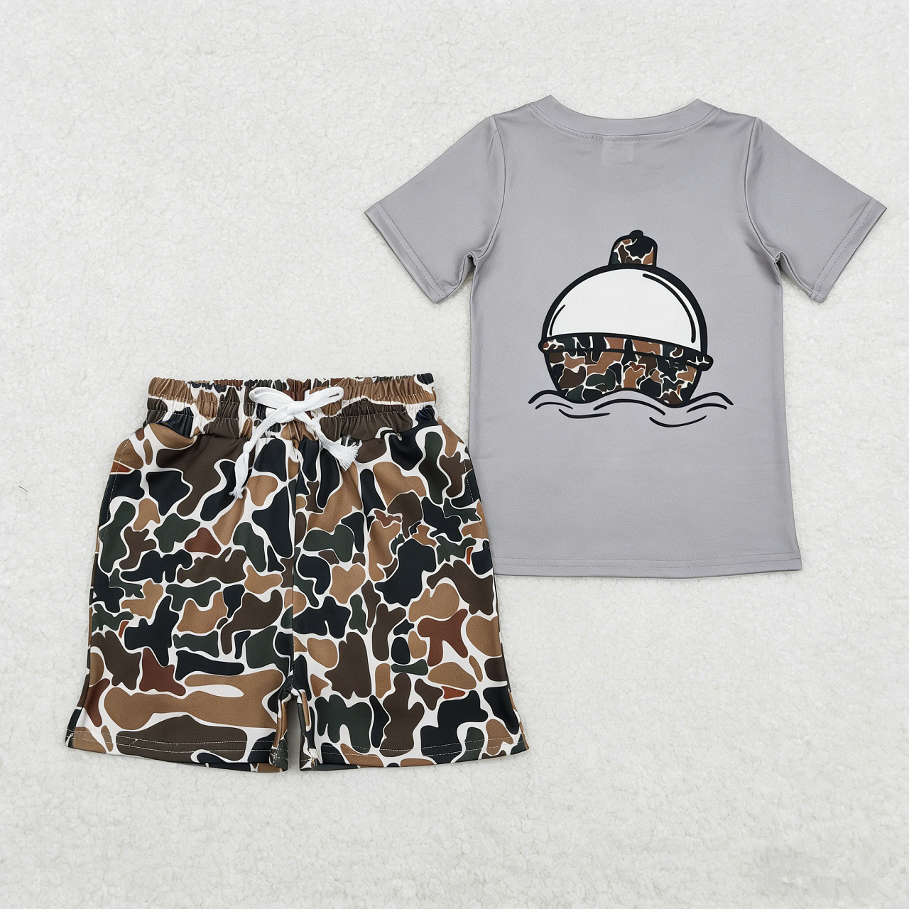 Baby Boys Short Sleeves Grey Shirt Brown Green Camo Pockets Shorts Fishing Clothes Set RTS