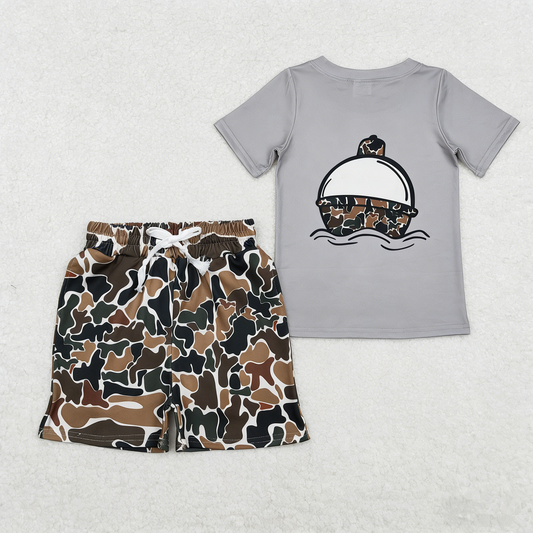 Baby Boys Short Sleeves Grey Shirt Brown Green Camo Pockets Shorts Fishing Clothes Set RTS