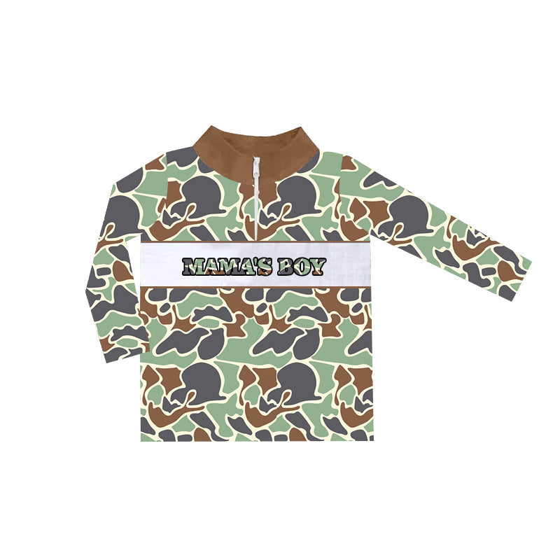 Pre-order Baby Kids Toddler Long Sleeves Mama's Boy Zipper Green Camo Pullover Shirt