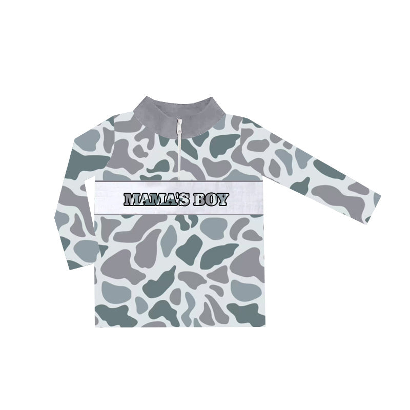 Pre-order Baby Kids Toddler Long Sleeves Mama's Boy Zipper Grey Camo Pullover Shirt