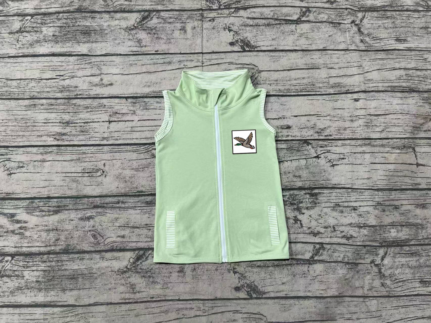 Preorder Baby Kids Green Embroidery  Duck Zipper Pocket Vest Tops