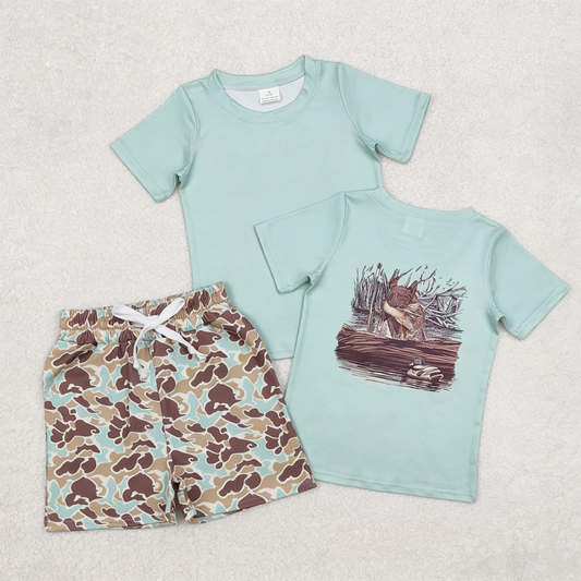 Baby Boys Short Sleeves Dogs Ducks Shirt Green Camo Pockets Shorts Summer Clothes Set RTS