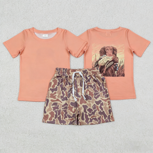Baby Boys Kids Blue Short Sleeves Dog Duck Shirt Camo Pockets Shorts Hunting Clothes Set RTS