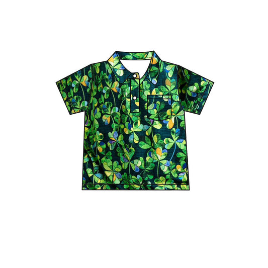 Preorder Baby Boy Short Sleeves St Patrick Day Buttons Pocket Green Pullover Shirt