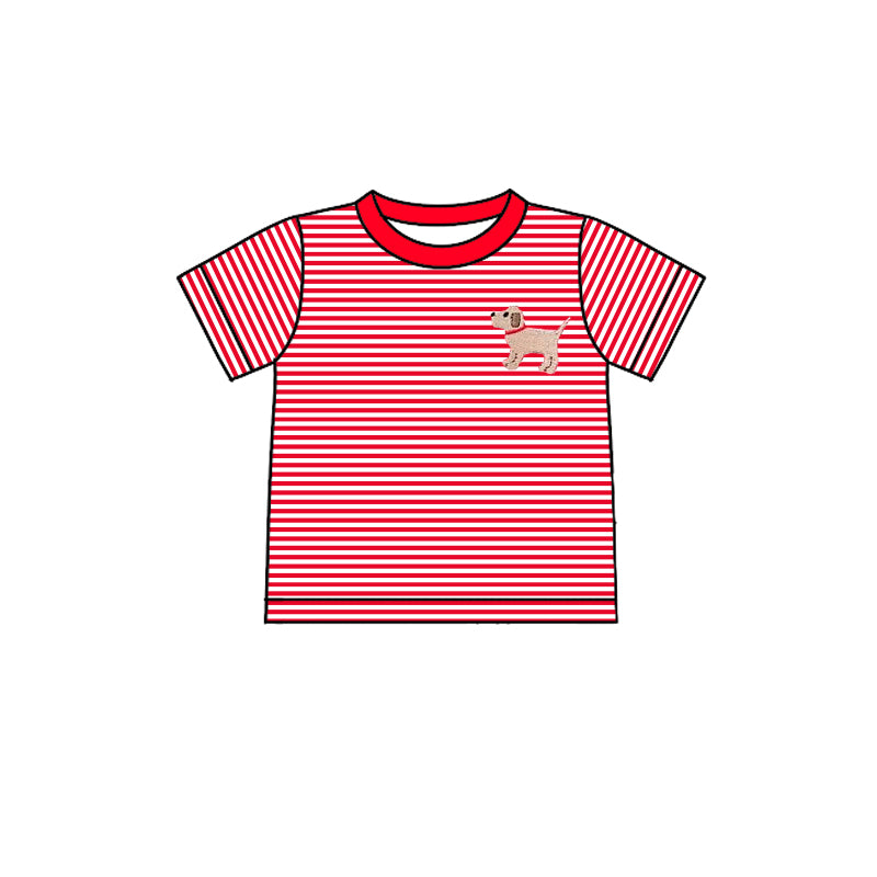 Preorder Baby Boy Short Sleeves Red Stripes Dog Tee Shirt Tops