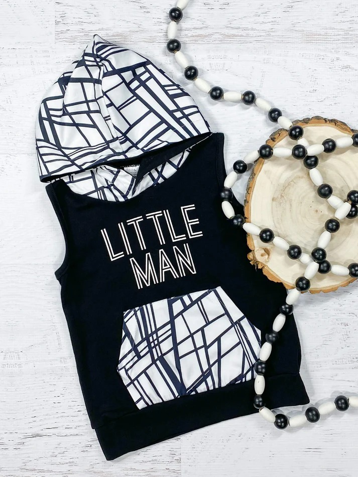 Preorder Baby Boy Sleeveless Little Man Hoodie Pocket Shirt Tops