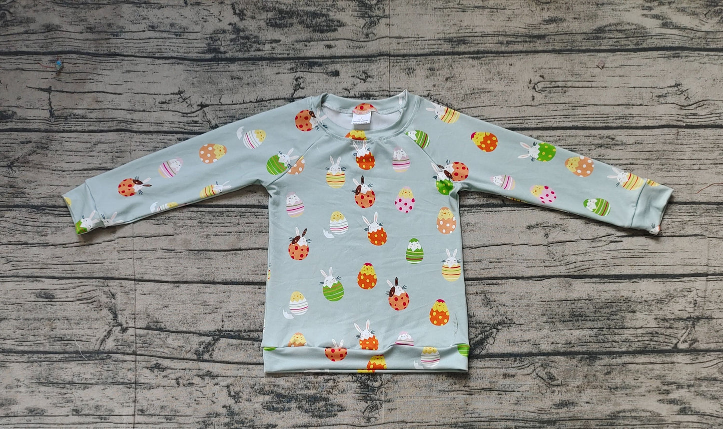 Preorder Baby Boy Long Sleeves Easter Rabbits Eggs Green Shirt Tops（ No moq ）