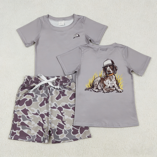Baby Boys Kids Grey Short Sleeves Dog Shirt Camo Pockets Shorts Summer Clothes Set RTS