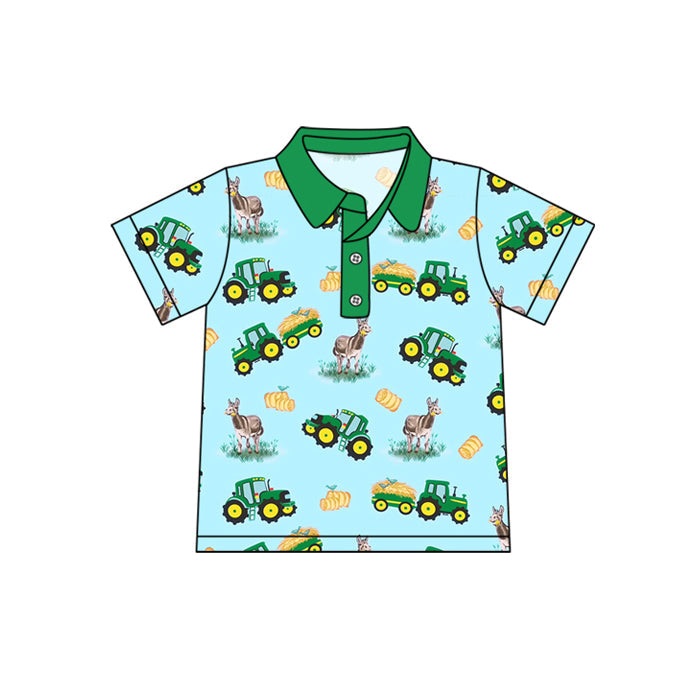 Preorder Baby Boy Short Sleeves Farm Trucks Buttons Green Tee Shirt Tops